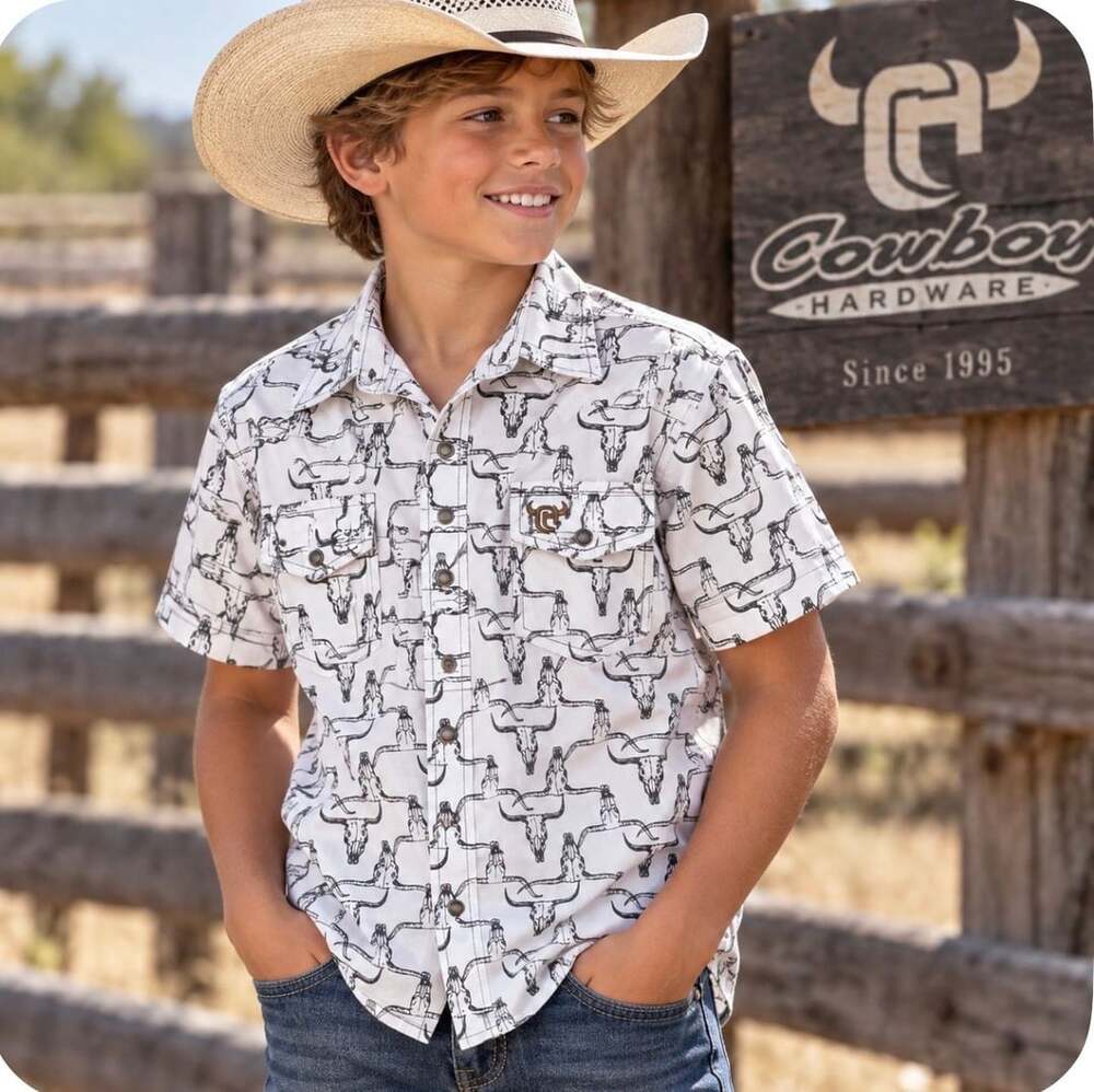 Cowboy Hardware Boys L 10/12 Western Shirt Longhorn Skull Pearl Snap